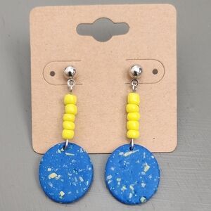 Blue Clay and Yellow Bead Dangle Earrings